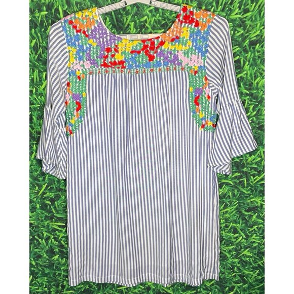 J. Marie Blue Striped Floral Embroidered Ana Maria Dress Bell Sleeve Women Small - Picture 3 of 5